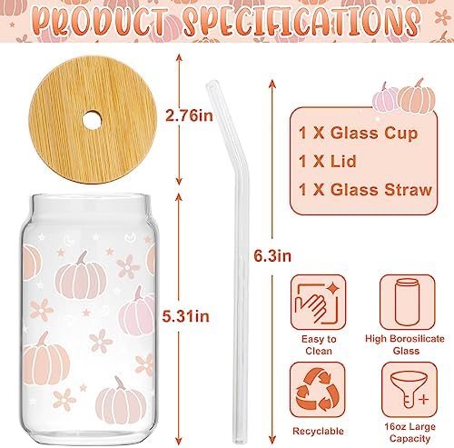 Fall Pumpkin Glass Cups 16oz Iced Coffee Glass Cup with Lid and Straw