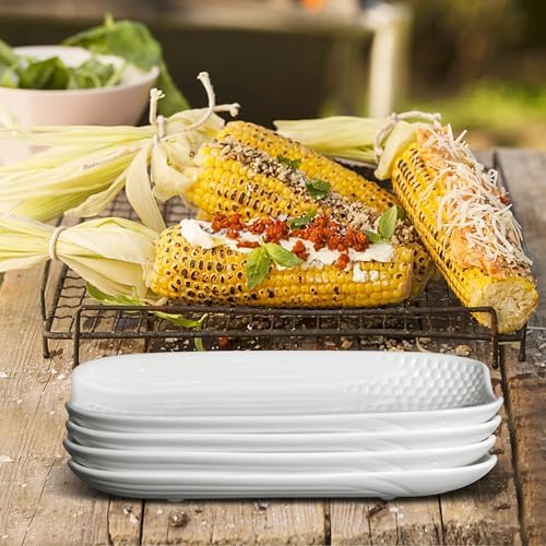 Cinf Ceramic Corn Cob Holders Set of 4, 8.8" White Serving Dishes