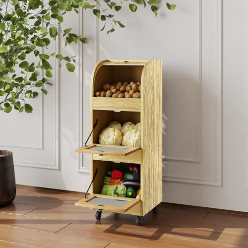 Movable Potato and Onion Storage Box with Wheels,Wood color