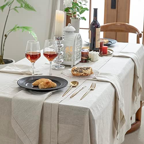 EVERLY Pure Linen Hemstitch Tablecloth,100% Stonewashed French Linen