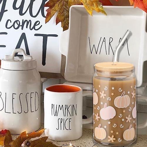 Fall Pumpkin Glass Cups 16oz Iced Coffee Glass Cup with Lid and Straw