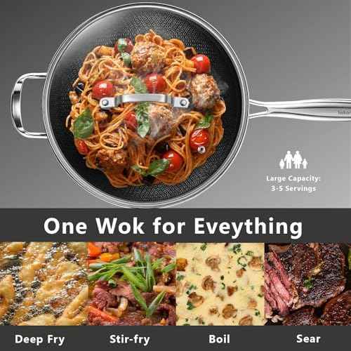 SAKAMOSH Hybrid 12inch Wok with Lid, Stainless Steel Woks & Stir-Fry Pans Nonstick, Non Toxic, PFAS PFOA PTFE Free, Dishwasher and Oven Safe, Works on Induction