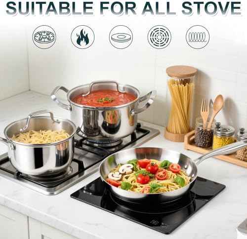 Stainless Steel Cookware Set - 24 PCS Kitchen Cookware Sets with 3-Ply Frying Pan and Steamer, Cool Handles, Heavy-Duty Chef Quality, Pots and Pans Set Compatible with All Stoves