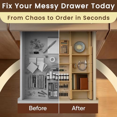 6 Pack Bamboo Drawer Dividers with 12 Inserts, Adjustable 17–22 Inch