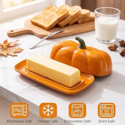 Ceramic Pumpkin Butter Dish with Lid - Halloween Kitchen Countertop