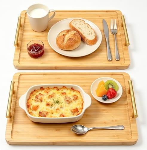 2 Pack Bamboo Serving Tray with Metal Handles, 15.8×11.4“ Solid Wooden