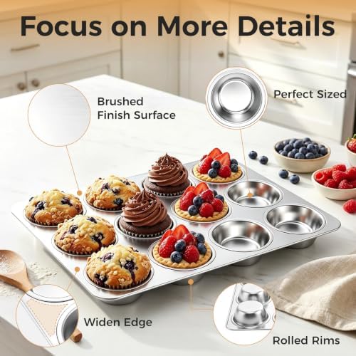 Onader 12-Cup Muffin Cupcake Pan, Stainless Steel Muffin Tin, 1 Pack