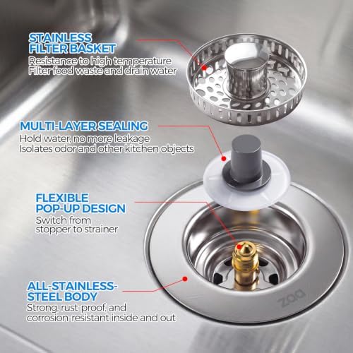 ZAA 3-in-1 Kitchen Sink Drain Strainer, 304 Stainless Steel