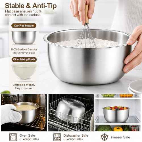 E-far Mixing Bowls with Lids Set of 5, Stainless Steel Nesting Salad Bowls