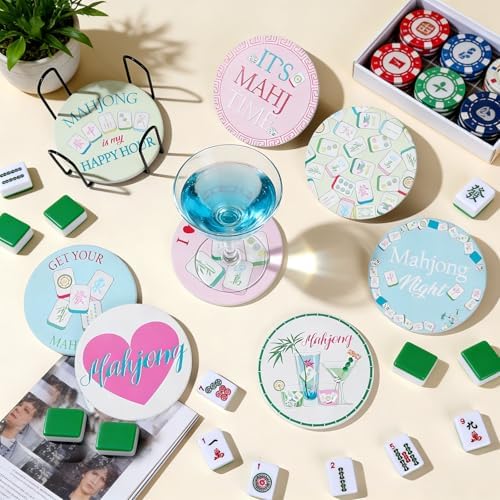 8 Pack Majiang Coasters with Holder 3.94 x 3.94 in Round Ceramic