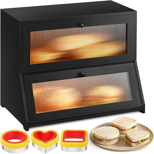 Large Bread Box for Kitchen Countertop - Black Bread Box, Bamboo Breadbox & Wooden Bread Boxes | Vintage Countertop Cabinet | Ventilated Double-Layer, Panoramic Windows, Cutters & Sealers