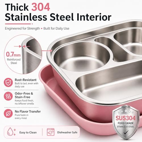 WALKA Stainless Steel Bento Lunch Box, 4 Compartments, Pink