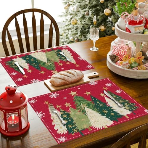 Bloss Christmas Placemats Set of 4, 12x18 Inch Xmas Trees Snowflakes