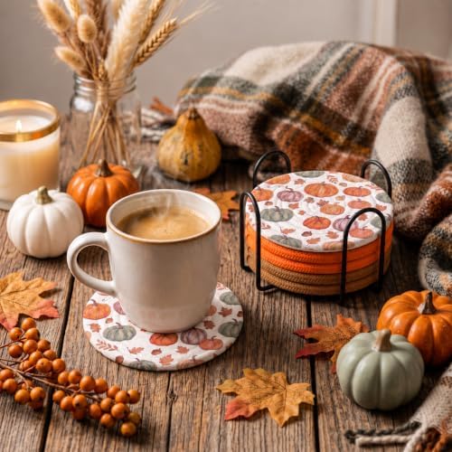 Mixweer 8 Pack Fall Pumpkins Cup Coasters with Metal Holder, Soft