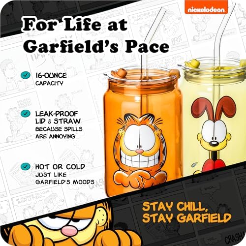 Dragon Glassware x Garfield Glass Cups with Straws & Lids, 16 oz Set