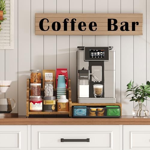Coffee Station Organizer with K Cup Holder, 28 Pod Capacity,3-Tier Syrup Rack with Coffee Pod Holder Drawer, Coffee Bar organizer Countertop for Accessories,Rustic Brown