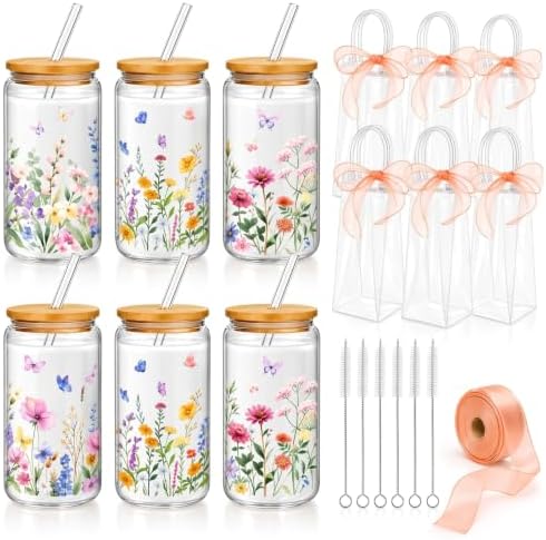 Mumufy 6 Sets Wildflower Cute Glass Cups with Lids and Straws Bulk