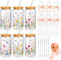 Mumufy 6 Sets Wildflower Cute Glass Cups with Lids and Straws Bulk