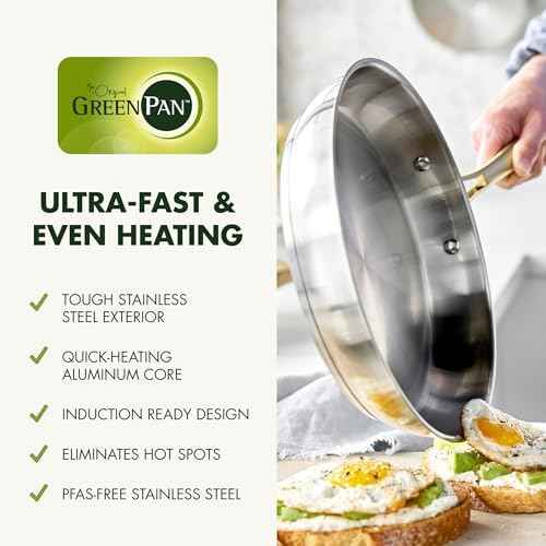 GreenPan Stainless Steel Cookware Set, 11 Piece, Induction Cookware, Dishwasher Safe, Oven Safe to 600F, Large 8QT Stock Pot, Sauce, Saute, Frying Pans, Pots & Pans Kitchen Essentials, Gold