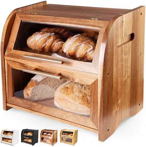Arise Acacia Wooden Bread Box for Kitchen Countertop, Extra Large 2-Shelf