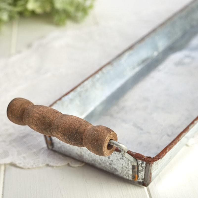 Set of 2 Rustic Galvanized Metal Long Serving Trays with Handles for