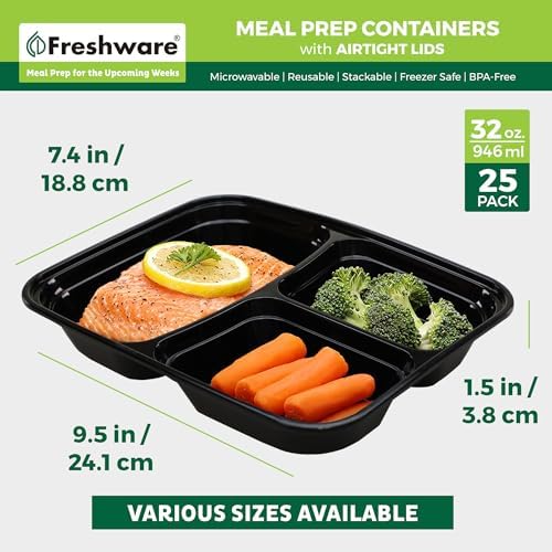Freshware Meal Prep Containers [25 Pack] 3 Compartment with Lids, Food