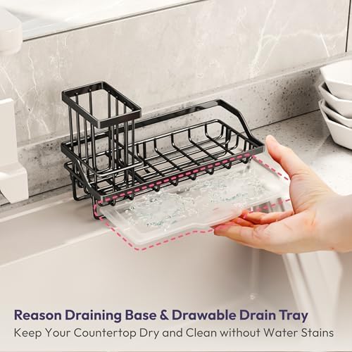 SWTYMIKI Sink Caddy Sponge Holder, Stainless Steel, Black