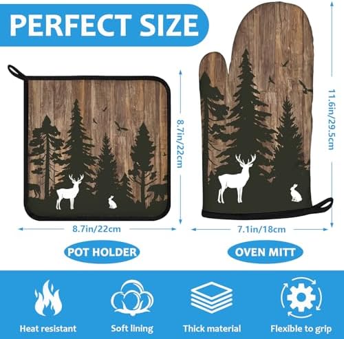 Deer Forest Wood Grain Oven Mitts and Pot Holders Set, 4Pcs