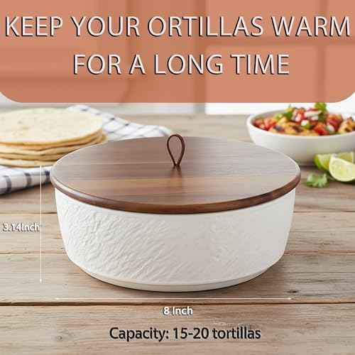 Ceramic Tortilla Warmer with Wooden Lid & Silicone Seal – 8 Inch