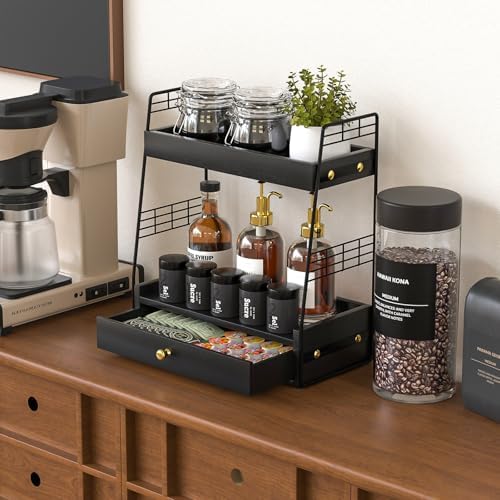Coffee Bar Station Organizer with Drawer, 2-Tier Countertop Shelf