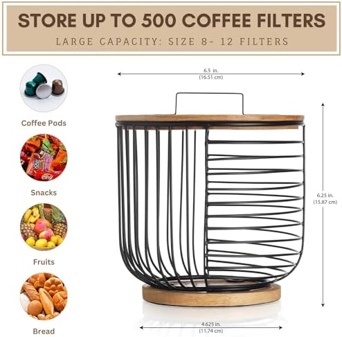 Coffee Filter Holder for Counter with Wooden Lid - Round Black Wire
