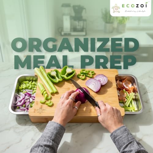Bamboo Cutting Board by Ecozoi with 2 Slide Out Drawers. Keep Meal