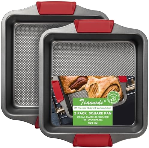 Tiawudi 9" Square Cake Pan Set of 2, 0.8mm Thick Heavy Duty Bakeware