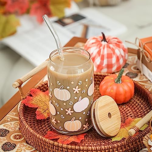 Fall Pumpkin Glass Cups 16oz Iced Coffee Glass Cup with Lid and Straw