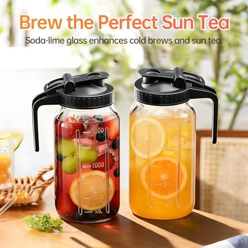 64 oz Mason Jar Pitcher with Lid, Airtight & Leakproof Glass Pitcher