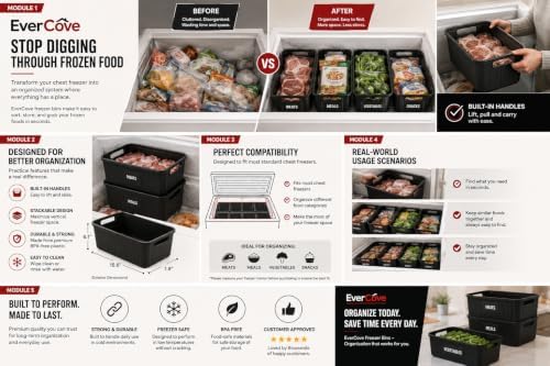 Chest Freezer Organizer Bins, Black Metal, 4-Pack