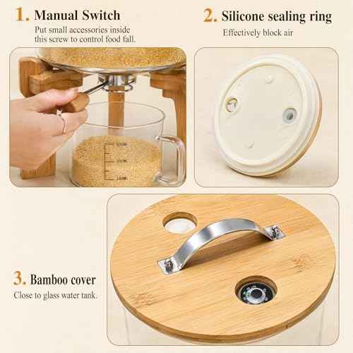 Goaste Glass Rice Dispenser with Bamboo Stand, 5L Flour Cereal Container with Airtight Lid, 8 Lbs Large Grain Food Storage Bucket, Countertop Beans Storage Tank with Measuring Cup & Valve for Dry Food