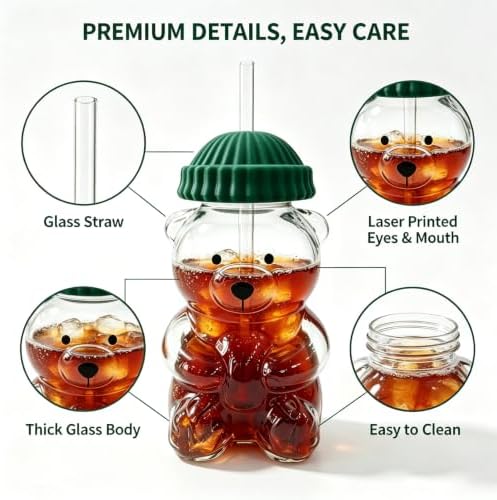 Cute Bear 20oz High Borosilicate Glass Cup with Straw & Lid, Iced