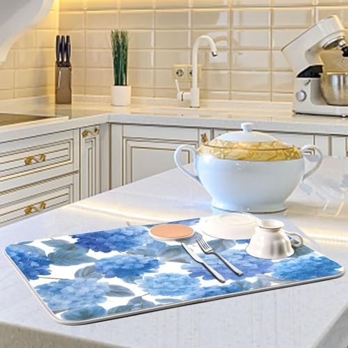 OTVEE Elegant Hydrangea Flower Art Dish Drying Mat for Kitchen Counter