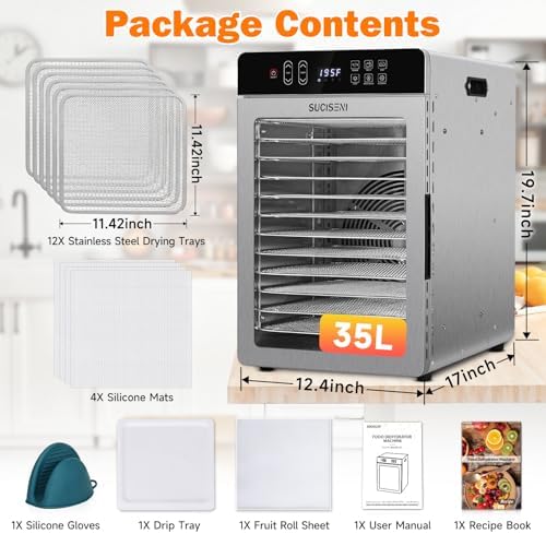 SUCISENI Food Dehydrator, 12 Stainless Steel Trays, 1000W