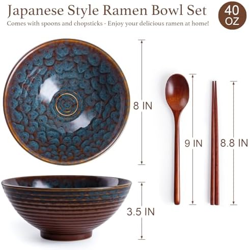 Ceramic Japanese Ramen Bowl Set, 2 Sets Asian Pho Udon Soup Noodle