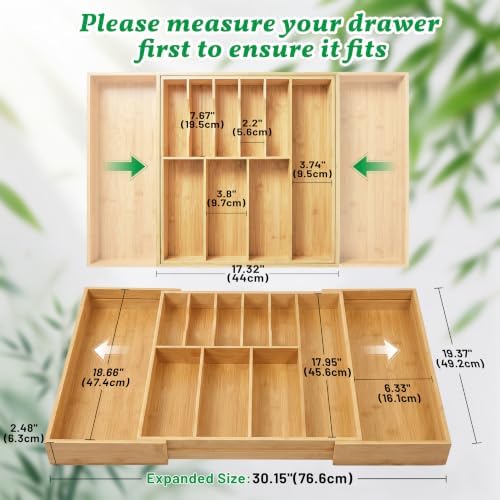 Bamboo Silverware Drawer Organizer, Expandable Utensil Tray, 17.3-30''
