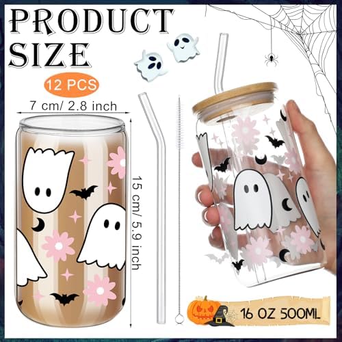 12 Pcs Halloween Ghost Glass Cups Bulk 16 oz Cute Pink Spooky Iced