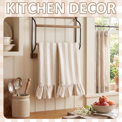 Brown Striped Kitchen Towels Set of 2, 100% Cotton Ruffled