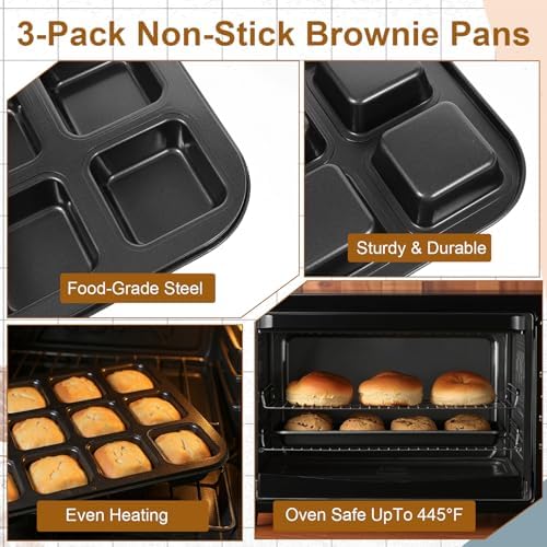 3-Pack Non-Stick Brownie Pans, 12-Cavity Square Muffin Pans – Carbon