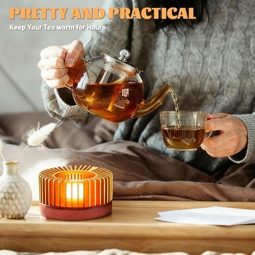 Inmorven Teapot Warmer, Aluminum Tea Warmer with Wooden Base, Candle