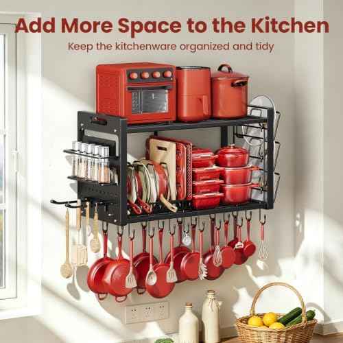 Pot Rack Wall Mount,4 in 1 Hanging Heavy Duty Metal Pan Shelf Organizer with 20 Hooks 3 Pot Lid Holder with 8 Adjustable Dividers Loads 100lbs for Kitchen Cookware and Utensil storage
