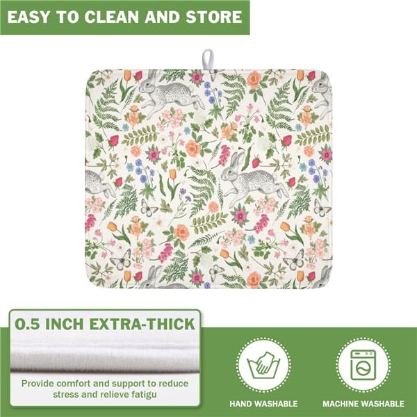 Easter Bunny Dish Drying Mat for Kitchen Counter, Colorful Flowers Sage Green - Image 4