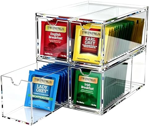 Youngever 4 Pack Plastic Tea Packet Organizers, Stackable Tea Bag