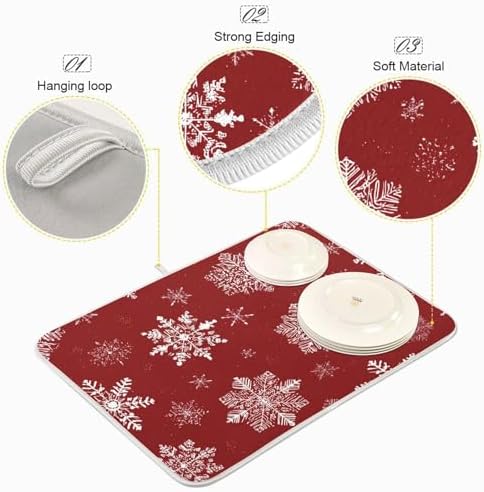 OTVEE Snowflake Red Aesthetic Dish Drying Mat for Kitchen Counter